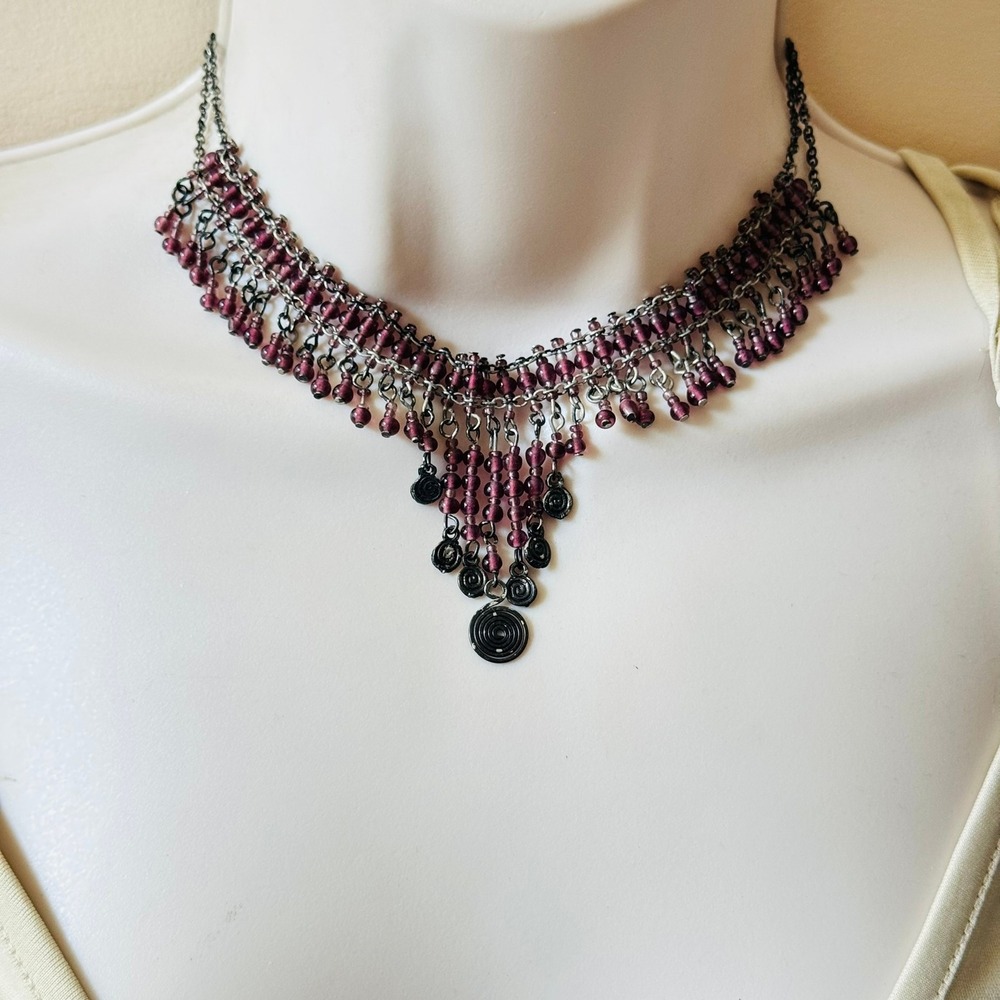 BOHO Y2K Purple Glass necklace Indie Brass‎ Waterfall Cascade Fringe 15"